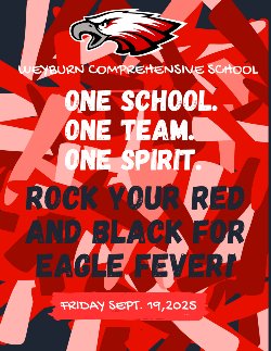 Red and black poster with eagle and information.